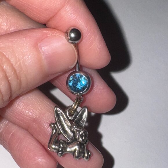 Tink Fairy with Aqua Blue gem, Fairy Design Dangle Belly Ring - Picture 13 of 15